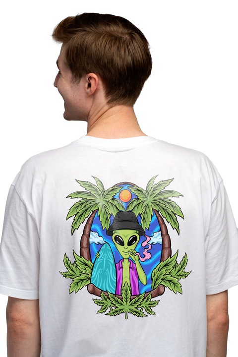 Мъжка тениска, Alien, Hippie, Palm Trees, Surf, Sun, Surfboard, Shirt, Чисто бяло
