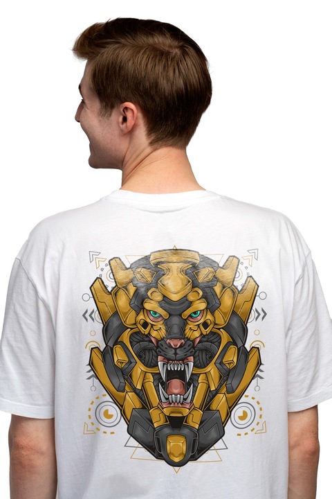 Мъжка тениска с котешки, робот, кибернетичен, зъби, геометричен,, Чисто бяло