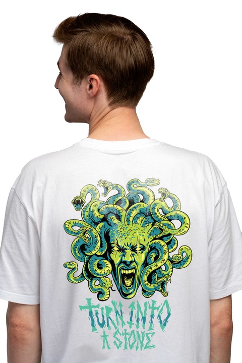 Мъжка тениска Персонализирана медуза, змии, с надпис на английски Turn into a Stone, Чисто бяло