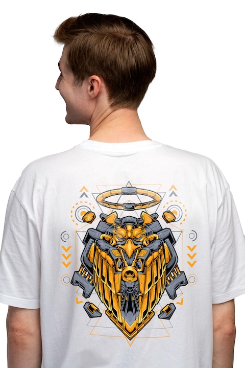 Мъжка тениска с орел, крила, аура, робот, геометричен, научна фантастика, робот, стрели,, Чисто бяло