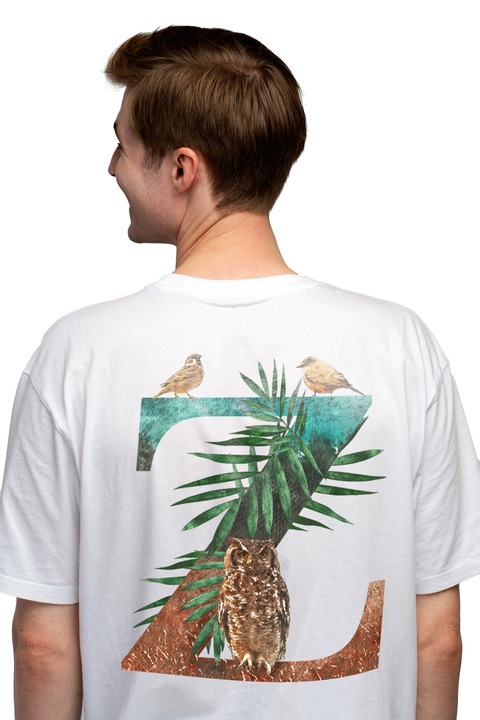 Мъжка тениска с буква, Z, бухал, птици,, Чисто бяло