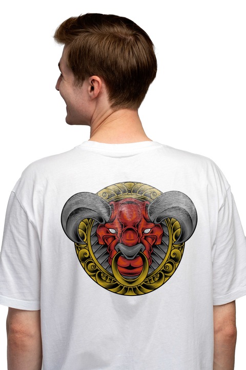 Мъжка тениска, Bull Head, Demon, Ring, Horns, Shield, Frame, Чисто бяло
