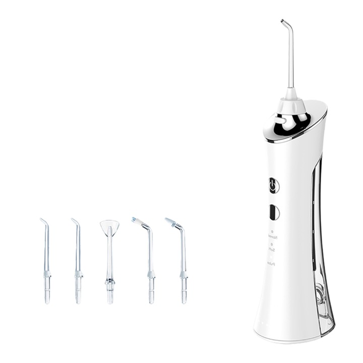 Szájöblítő akkumulátorral, 150 ml, 3 üzemmód, 5 szórófej, 360-os forgás, IPX7, fehér