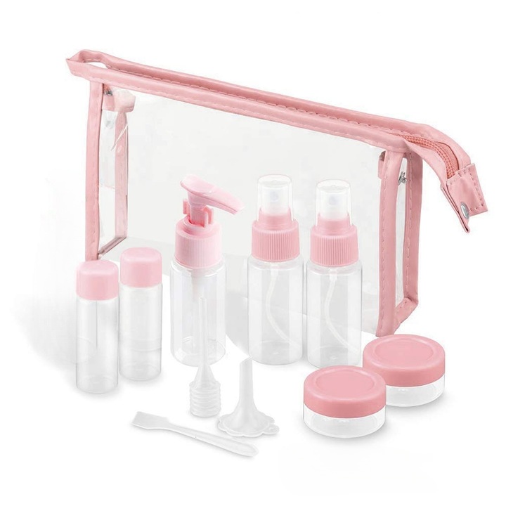 Set recipiente calatorie, Plastic, 11 Piese, Transparent/Roz