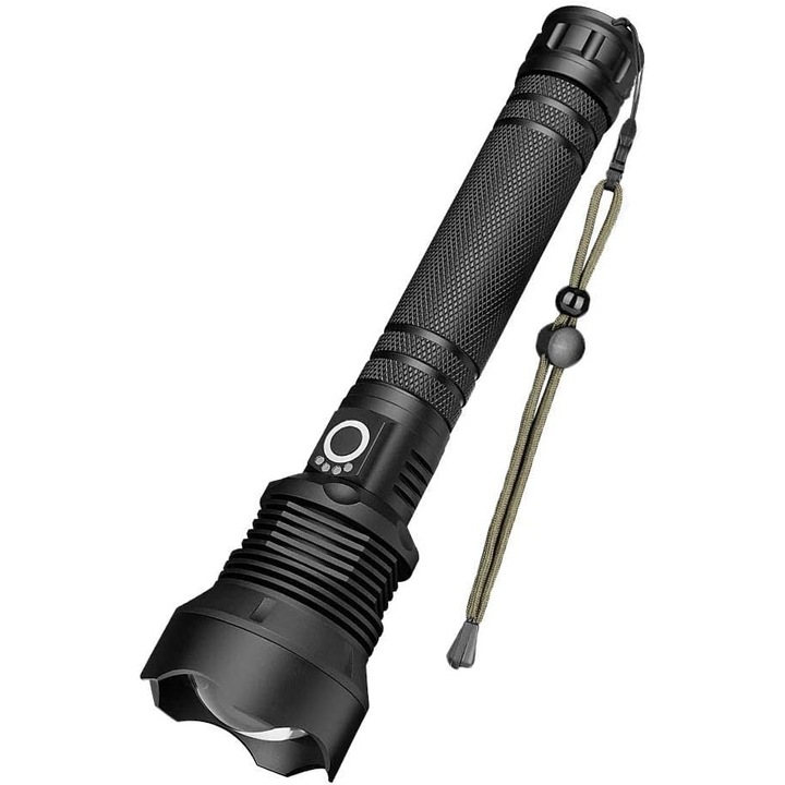 LED фенер, Алуминий, 90000 lm, 18650mAh, Водоустойчивост, USB акумулаторна, Черен, 16.3x4.3x3.2cm