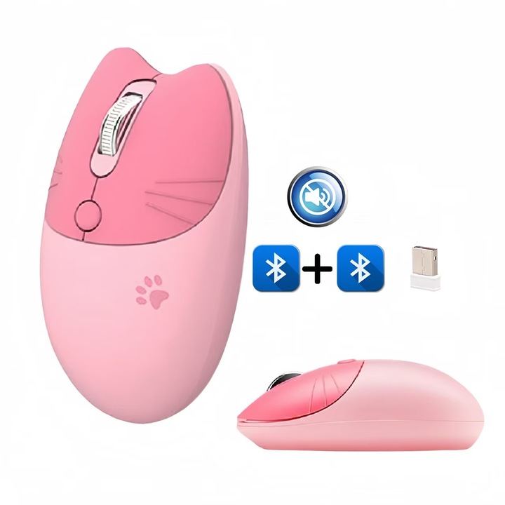 Egér vezeték nélküli Fbirddek M3DM Bluetooth és 2,4 GHZ, USB vevő, csendes, állítható 800/1200/1600 DPI, PC Mac laptophoz, lányoknak és gyerekeknek, rózsaszín