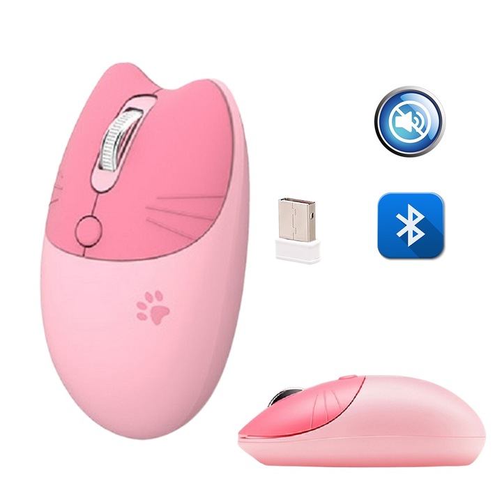 Безжична мишка Fbirddek® M3DM Bluetooth и 2.4GHZ, USB приемник, безшумен, регулируем 800/1200/1600DPI, за лаптоп PC Mac, за момичета и деца, розов