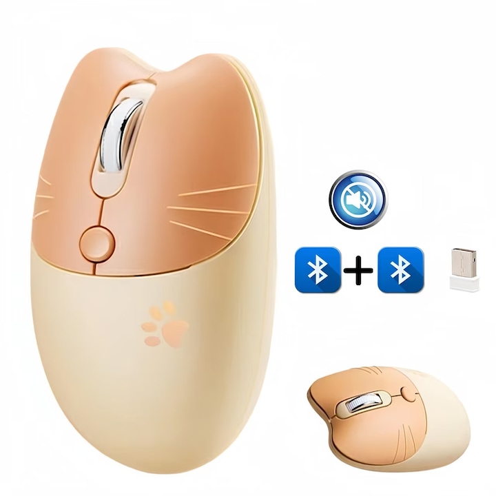 Egér vezeték nélküli Fbirddek M3DM Bluetooth és 2,4 GHZ, USB vevő, csendes, állítható 800/1200/1600 DPI, PC Mac laptophoz, lányoknak és gyerekeknek, barna