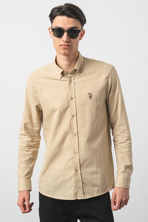 U.S. Polo Assn, Camasa de bumbac cu guler fixat cu nasturi, Bej, M
