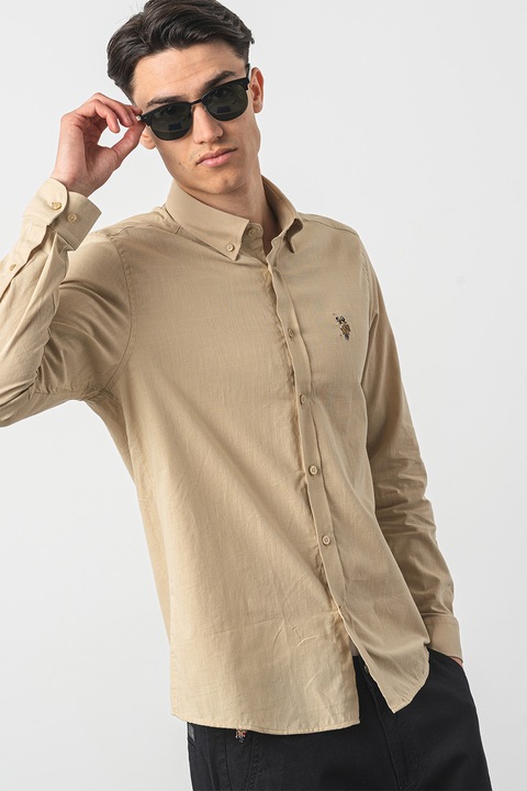 U.S. Polo Assn, Camasa de bumbac cu guler fixat cu nasturi, Bej, M