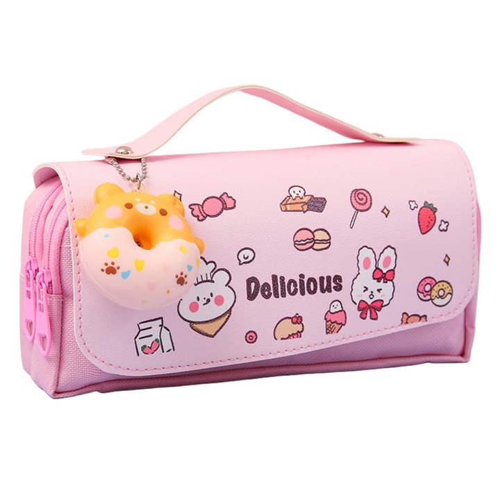 Penar pentru fete, gradinita, clasa 0, 1, 2, 3, 4, compartimente multiple, Motivul iepurelui si pandantivul gogoasa, 21cm x 10cm x 8 cm, Roz