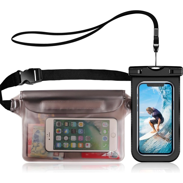 Set 2 huse WATERPROOF subacvatice, enkourakoko®, 1x waist bag, 1x Husa pentru telefon mobil, pentru inot pe plaja, universala, Transparent Negru