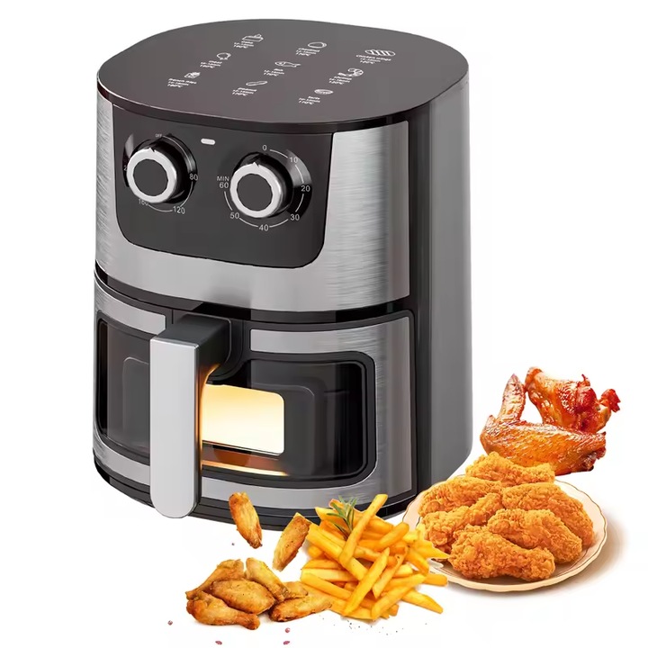 Friteuza cu aer cald, fara ulei，1400W, capacitate 7L, Temperatura Ajustabila，debit aer 360°, temperatura 80° - 200°，Negru