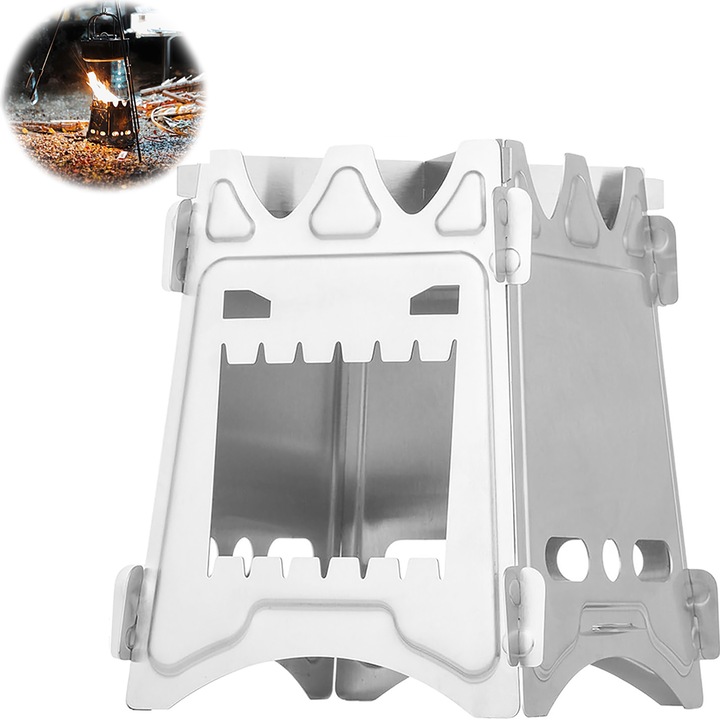 Soba de Gatit din Otel Demontabila pentru Camping Latauar, 16 ×13.6 × 13.6 cm, Inox