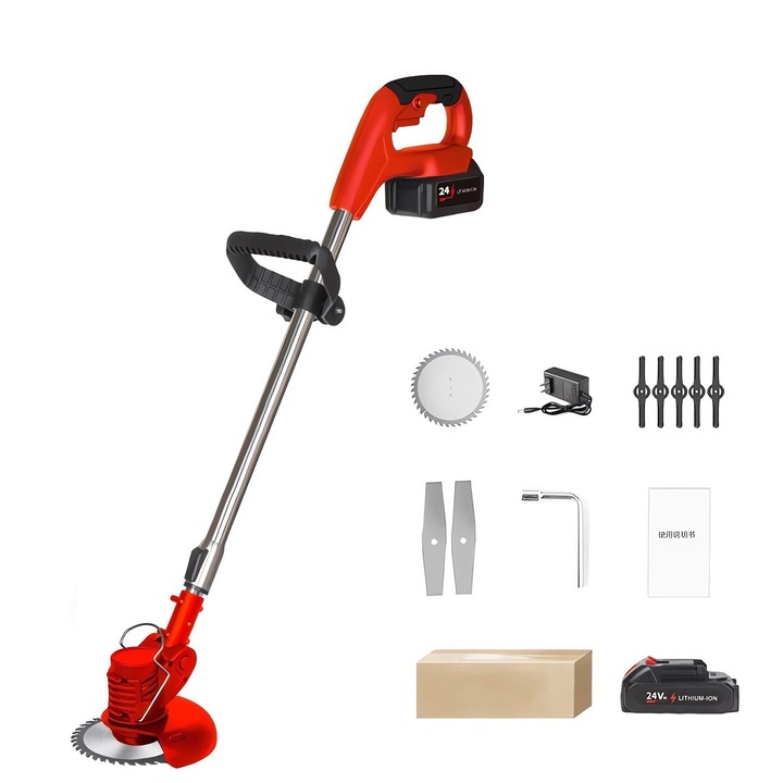 Тример за трева, Захранван с батерии, 24V, 18000 RPM, Работна ширина 24 см, Батерия и зарядно в комплекта