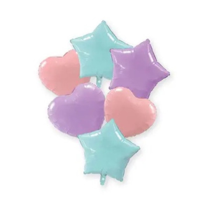 Pastel Blue Pink Lilac szív, csillag fólia lufi 6 db-os szett 46 cm