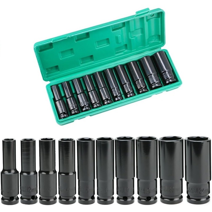 Set trusa tubulare impact, Otel, 10 piese 1/2'', 8-24mm, Negru