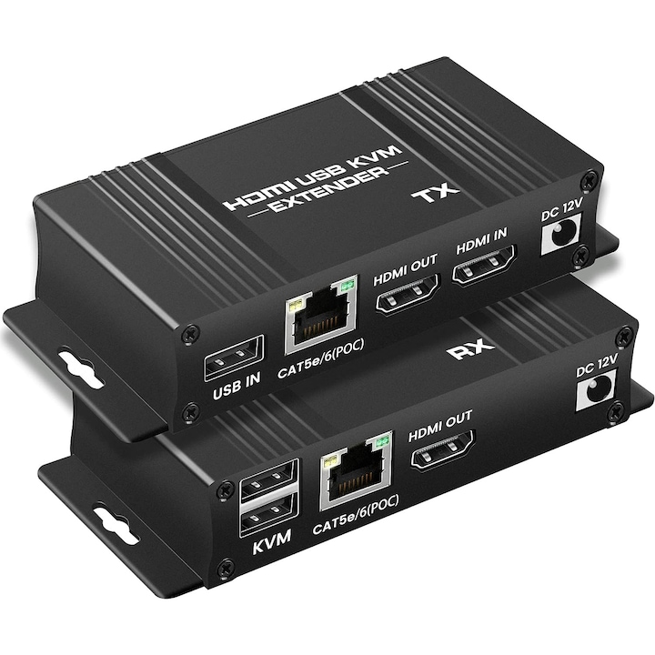 Extender HDMI Ethernet 60m cu iesire 1080P, XGETOP®, Lan Kvm Usb Rj45, pentru PC DVD STB Proiector HDTV, negru