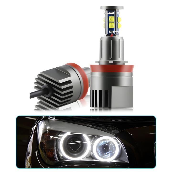Set 2 Becuri LED Marker H8 Angel Eyes AutoREY® Premium, 120W, 6000K Alb Rece, 6000 Lumeni, Canbus Fara Eroare, Tehnologie SMD CREE, Instalare Plug & Play, Compatibile BMW Seria 1, 3, 5, X5, X6, Durata 50.000 Ore, Performanta Superioara
