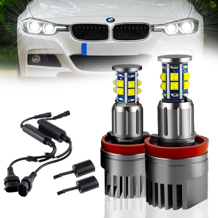 LED Marker Izzókészlet H8 Angel Eyes, AutoREY® Premium, 2 Darab, 120W Teljesítmény, DRL CANBUS Kompatibil, BMW 5 E60 E61, X5 E70, 3 E90 E91 E92 E93, 1 E87, X6 E71 Modellekhez, 6000K Fehér Fény, Plug & Play Szerelés, Nincs Izzóhiba Jelzés, Erős Fényerő