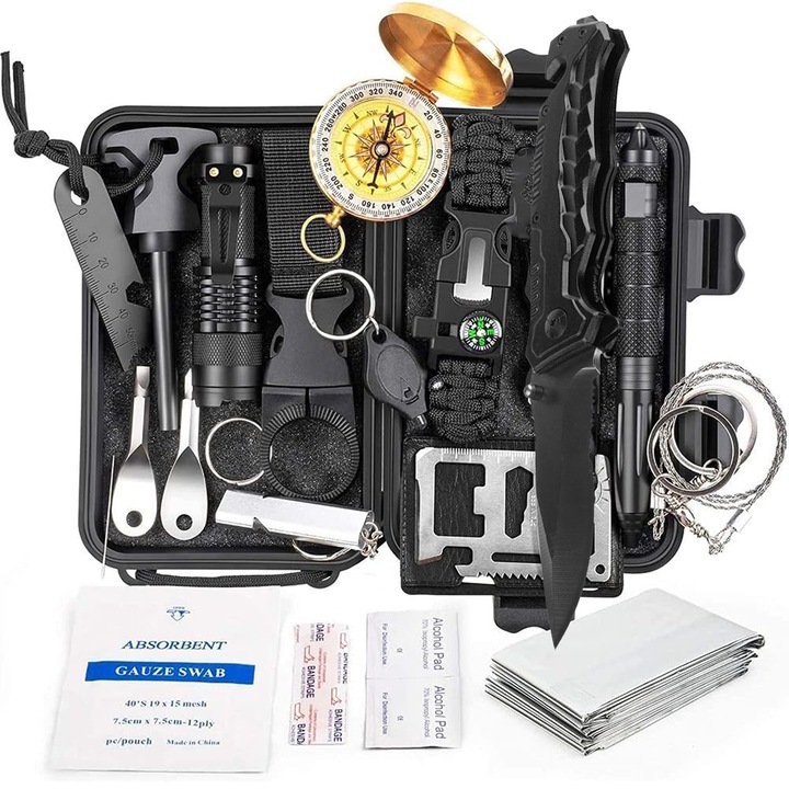 Мултифункционален комплект за оцеляване, Axroad Mall, С нож, фенерче, компас, аварийна свирка, кремъчен камък, бинтове, Лесен за носене, За къмпинг, туризъм, лов, Метал/Пластмаса, Черен