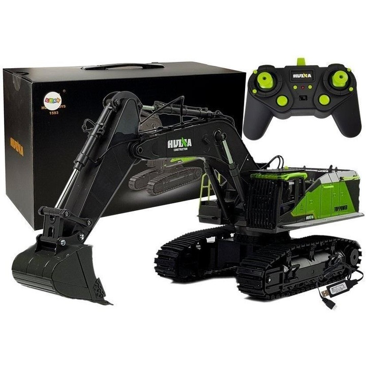 Багер с дистанционно управление 1593 HuiNa, leantoys, ABS, 1:14, 8+, 56x19x34cm, Черен/Зелен