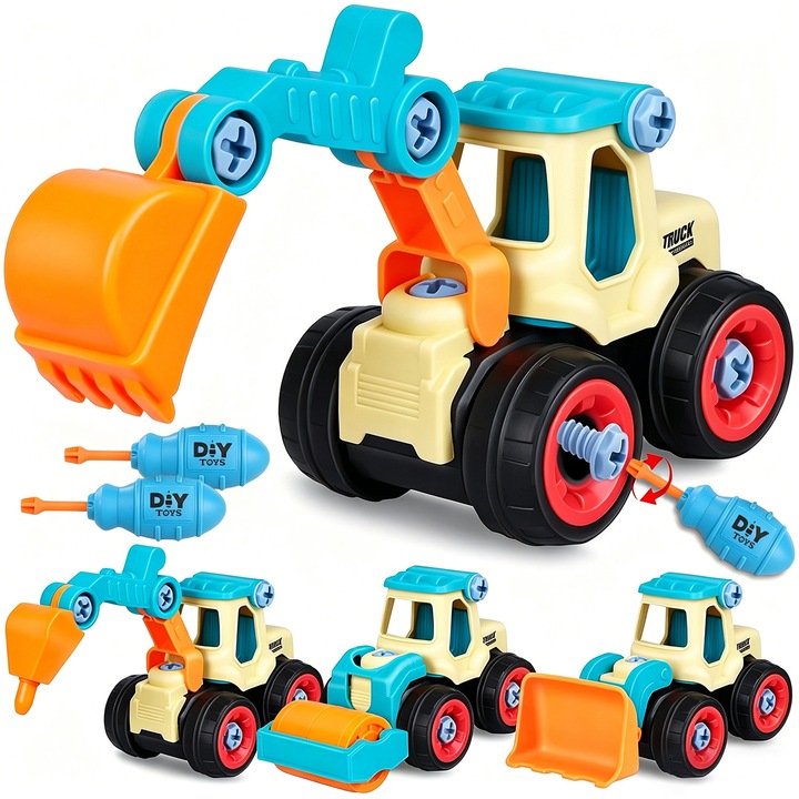 Set 4 Utilaje de Constructii pentru Copii, BYONDSELF®, cu Masini de Jucarie, Buldozer, Excavator, Tavalug, Burghiu de Pamant, cu Cutie de Depozitare, Amovibil, Multicolor, 3 Ani+