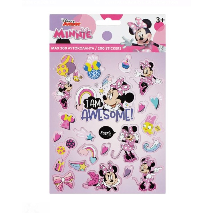 Set cu 200 de autocolante si stickere, dimensiuni si modele diferite, personaj Minnie Mouse, Roz