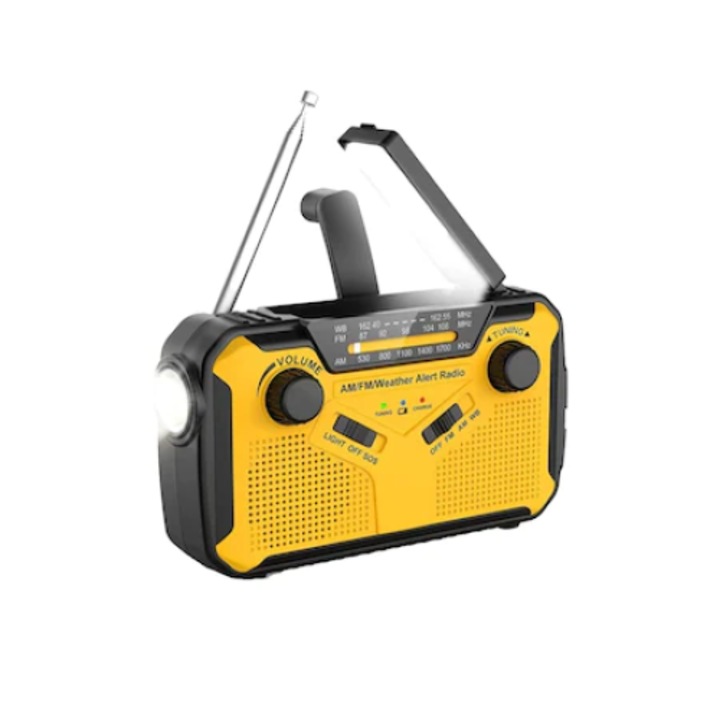 Радио за къмпинг, преносимо, LED лампа, за природни бедствия, земетресения, бури, с динамо, фенерче, соларно зареждане, батерии и контакт, power bank 2000 mAh, SOS аларма, комплект за оцеляване, жълт
