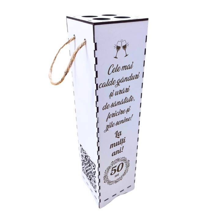 Cutie din lemn pentru vin personalizata -La multi ani, 50 ani! -pentru aniversare, onomastica, gravat, 34x34x9 cm, alb