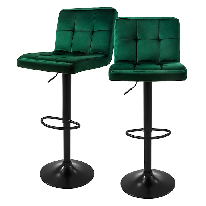 Set 2 scaune de bar, ML-Design, verde, catifea, 45 x 50 x 112 cm, cu spatar si suport pentru picioare reglabil pe inaltime