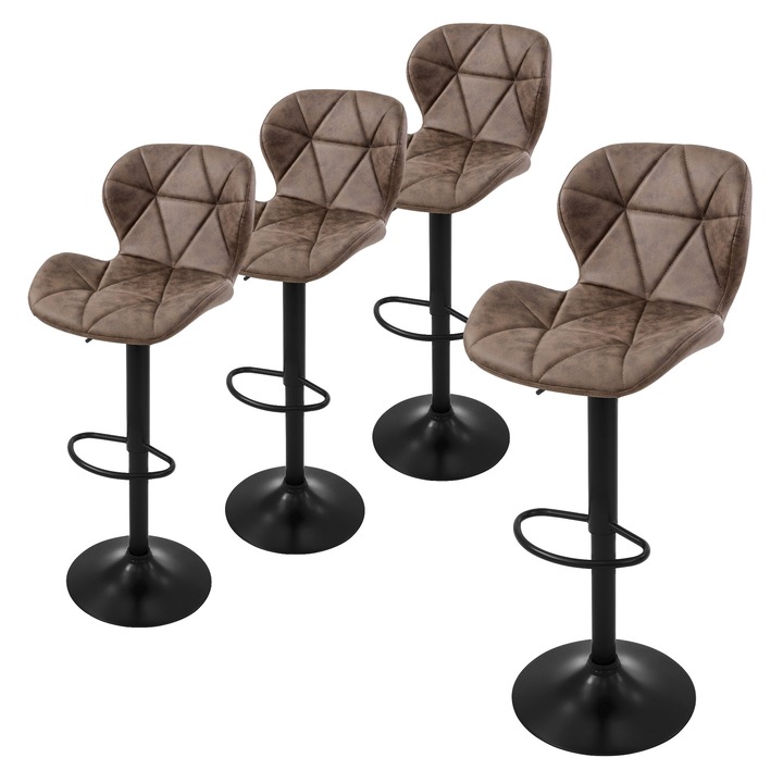 Set 4 scaune de bar, ML-Design, maro, imitatie piele, 41 x 47 x 110 cm, cu spatar si suport pentru picioare reglabil pe inaltime