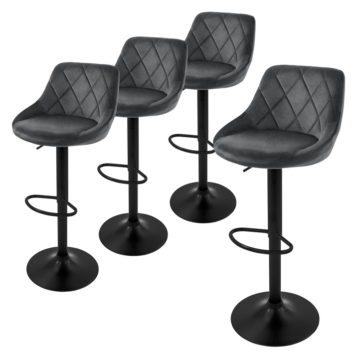 Set 4 scaune de bar, ML-Design, gri, catifea, 37 x 47 x 106 cm, cu spatar si suport pentru picioare reglabil pe inaltime