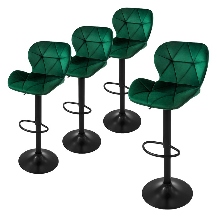 Set 4 scaune de bar, ML-Design, verde, catifea, 41 x 47 x 110 cm, cu spatar si suport pentru picioare reglabil pe inaltime
