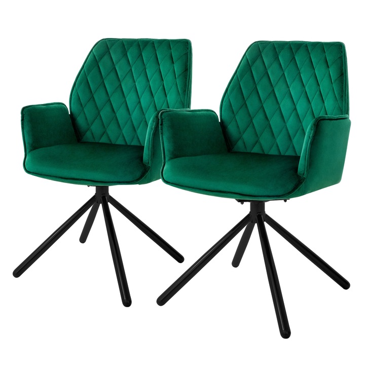 Set de 2 scaune de sufragerie, ML-Design, verde, catifea, 57 x 63 x 90 cm, 180° pivotant, usor de asamblat