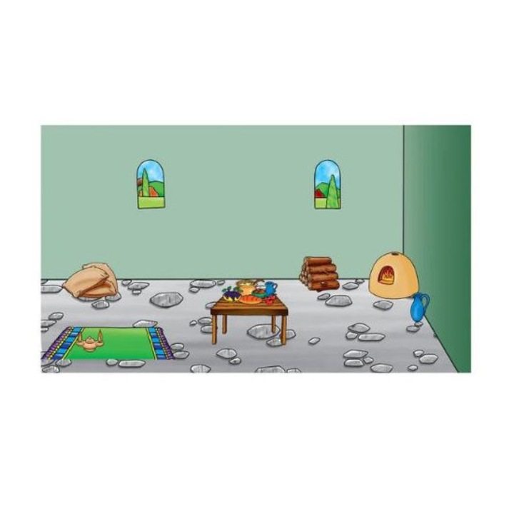 Set piese din fetru cu fundal decor interior tipic evreiesc, 1 fundal, 9 piese pretaiate, predare creativa, povestiri biblice, scoli, gradinite, biserici