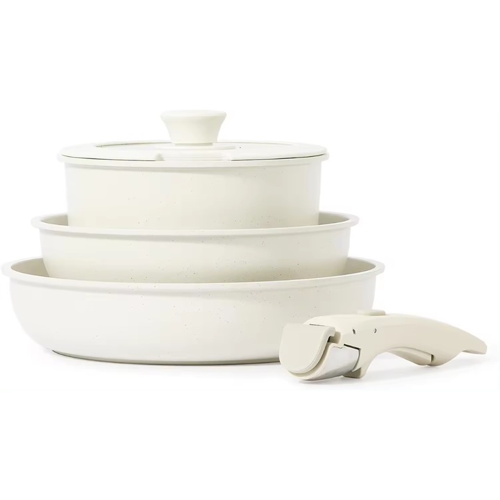 Set 5 Piese Oala si Tigaie Pentru Gatit, imbunatatit, Antiaderent, Termorezistent, Maner Detasabil, Dimensiuni 18/20/26 Cm, Pentru Plita, Cuptor si Aragaze pe Gaz