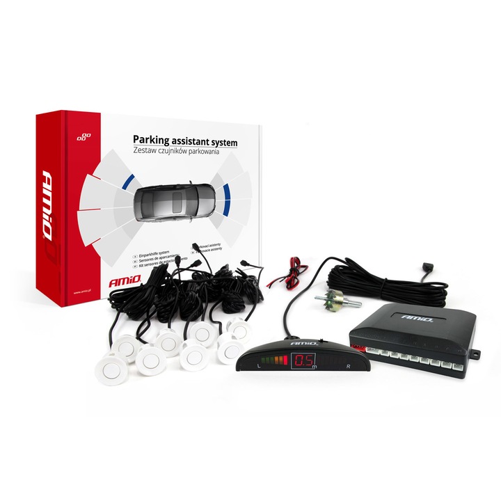 Set 8 senzori parcare marsarier culoare Alba, cu unitate sonora si afisaj LED