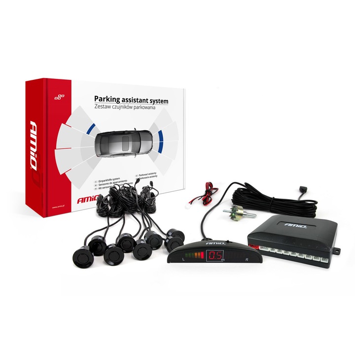 Set 8 senzori parcare culoare Neagra, cu unitate sonora si afisaj LED