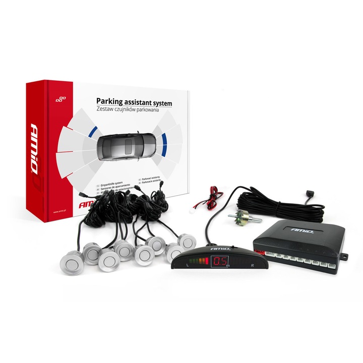 Set 8 senzori parcare culoare Argintie, cu unitate sonora si afisaj LED