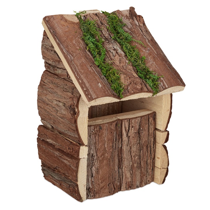 Casuta pentru pasari, de agatat, din lemn natural si muschi de copac, pentru gradina sau balcon, confectionata manual, 23 x 15 x 14 cm