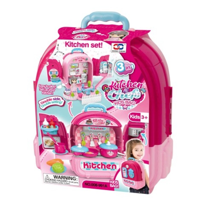 Bucatarie 3 in 1, KITCHEN, pentru fetite, tip rucsac, cu accesorii multicolore