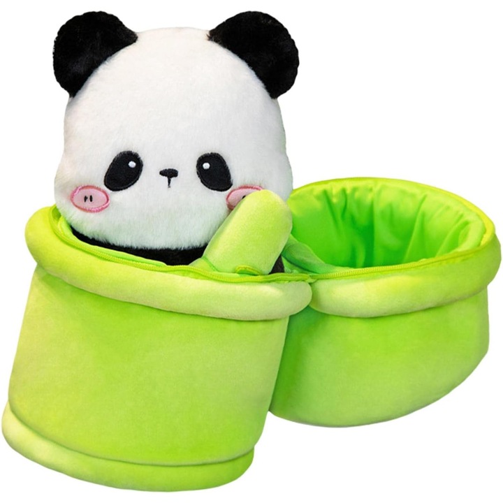 Jucarie de plus Malvys®, Panda cu Bambus, Alb/Negru/Verde, 35 cm