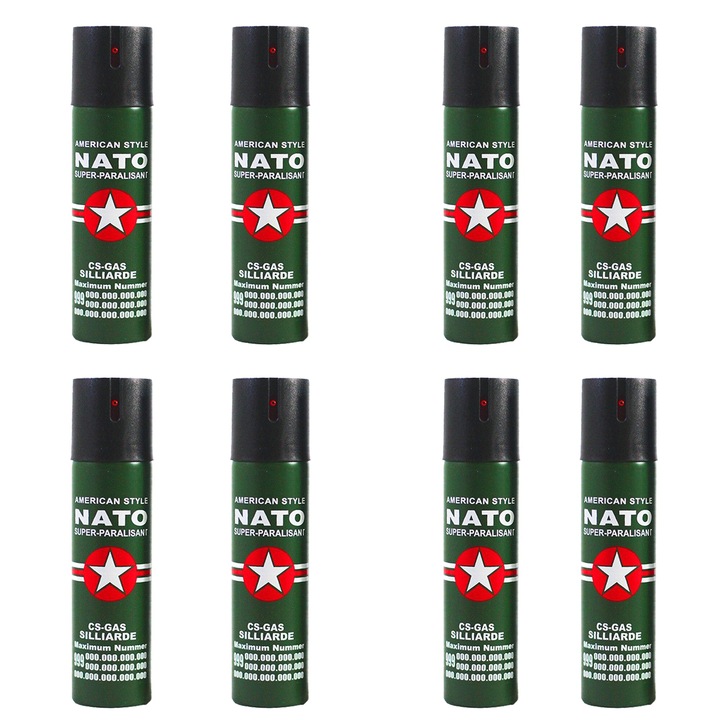 Set de 8 sprayuri autoaparare NATO de 60 ml, Propulsie Jet, Continut spray biodegradabil, Verde/negru