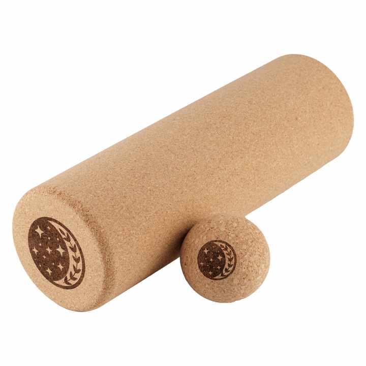 Set rola masaj MOON Design, cilindru si minge din pluta pentru yoga, pilates, kinetoterapie