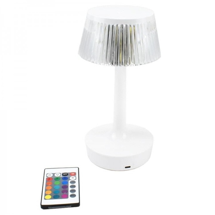 Lampa de masa, veioza decorativa cu LED RGB si telecomanda, alba, Alb