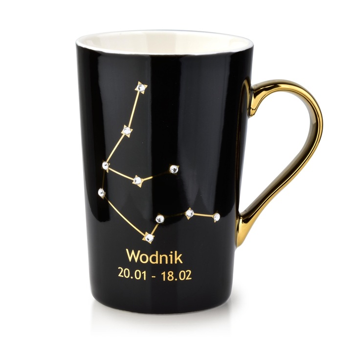 Cana Portelan Affekdesign By Mondex ZODIAK WODNIK, 430ml, Negru, Decorata cu Cristale, 12.5x8.4cm
