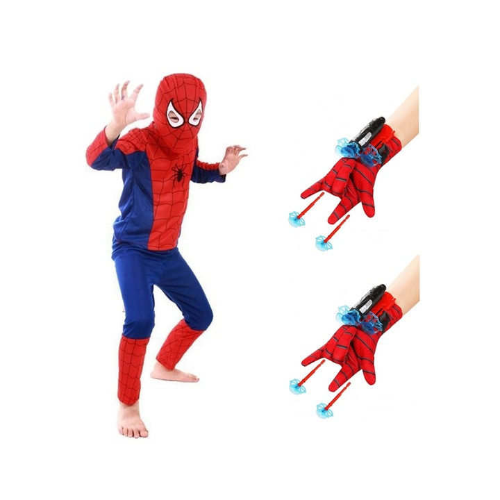 Set costum Spiderman KidMania® cu doua manusi lansator cu ventuze pentru copii, 7-9 ani, 120 - 130 cm