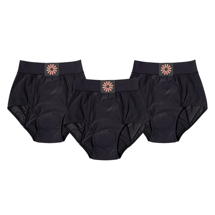 Комплект 3 многократни менструални бикини FEMIEKO, модел Nanna, супер абсорбиращи, с висока талия, черен цвят, размер 3XL