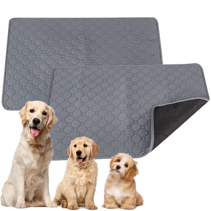 Set 2 covorase igienice absorbante, Axroad Mall, 60 x 45 cm, Cu strat impermeabil si absorbant, Antiderapant, Reutilizabil si lavabil la masina, pentru a antrena cainii sa foloseasca toaleta in interior, Bumbac/TPU, Gri